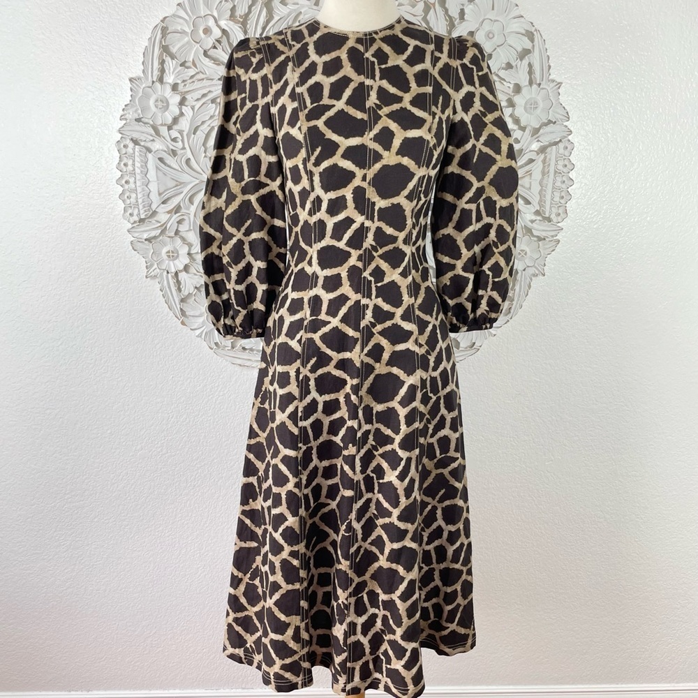 {Rebecca Vallance} Acacia Giraffe Print Long Sleeve Linen Midi Dress, NWT